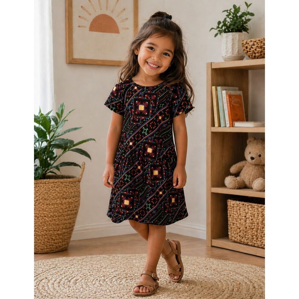 LuLaRoe girls Kids size 4 pink Mae dress Geometric, Red, Green, Yellow ￼95%/5%